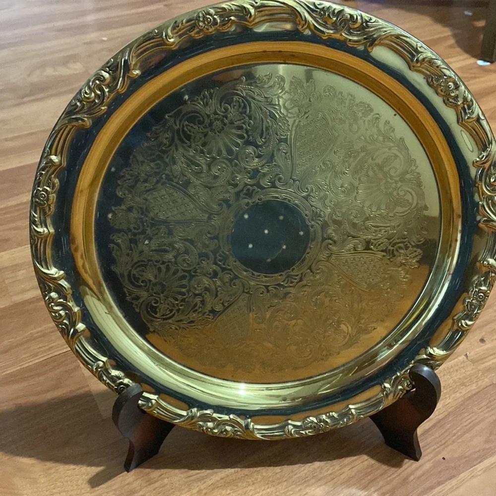 Vintage Floral Etched Brass Tray | Gold Tone Floral Tray | Etched Brass Tray